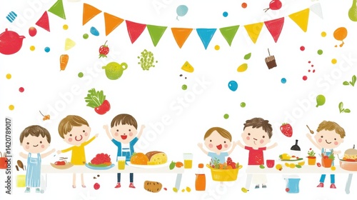 Colorful Children's Party with Food, Decorations and Happy Kids