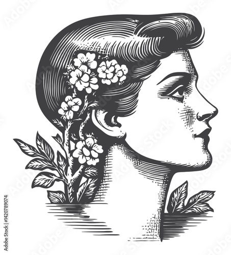 Hand-Drawn Engraving of Profile with Floral Decoration in Hair