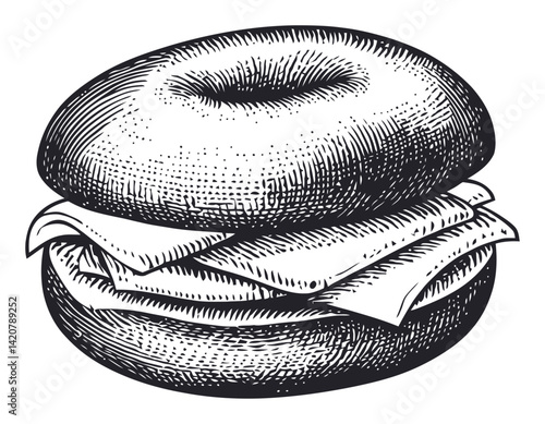 Hand Drawn Engraving of a Bagel Sandwich with Cheese Filling
