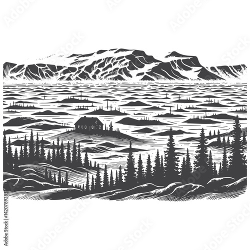 Simple Coastal Cliffs with Vegetation Vector Icon Design – Vintage Retro Logo & Illustration