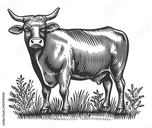 Hand-Drawn Engraving of a Standing Cow in Pastoral Landscape