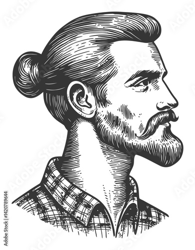Hand-Drawn Engraving of a Handsome Man with a Mustache and Bun
