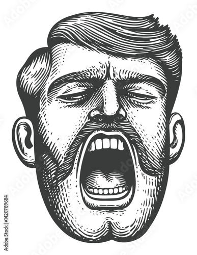 Hand Drawn Engraving of a Man with Mouth Open in Expression