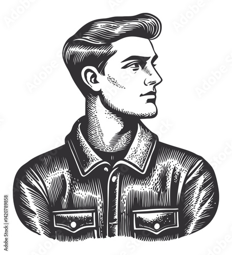 Hand-Drawn Engraving of Young Man in Classic Jacket Portrait Style
