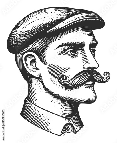 Vintage Hand-Drawn Engraving of a Man with Mustache Profile