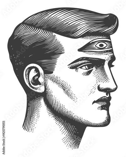 Vintage Hand-Drawn Engraving of a Male Profile with Third Eye