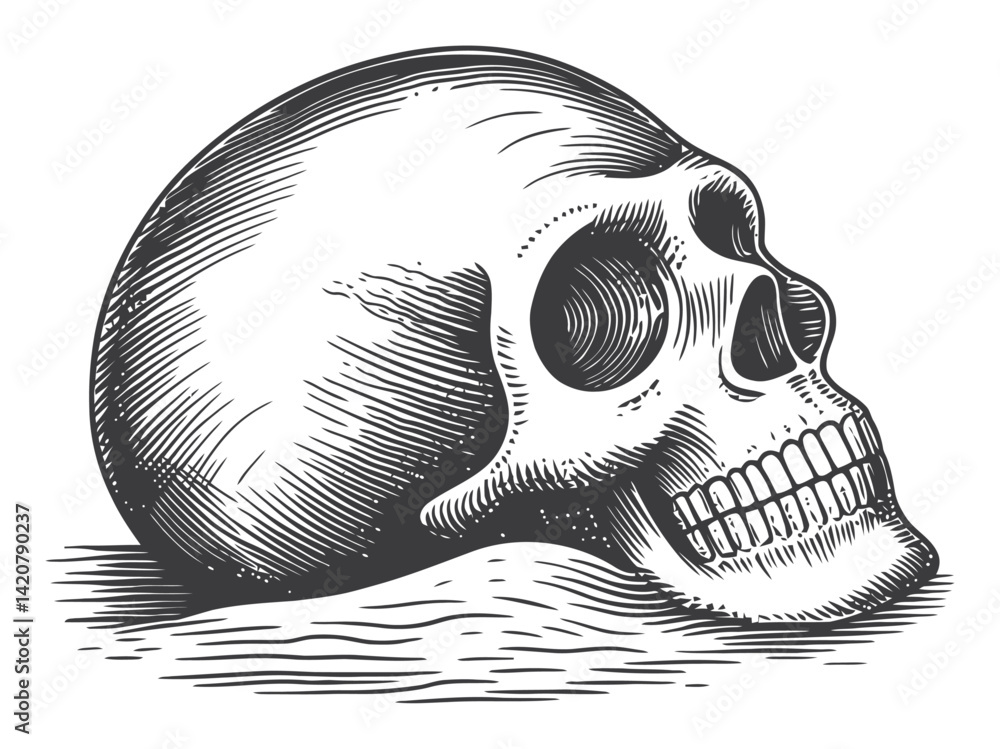 Naklejka premium Hand Drawn Engraving of a Skull with Detailed Shading and Texture