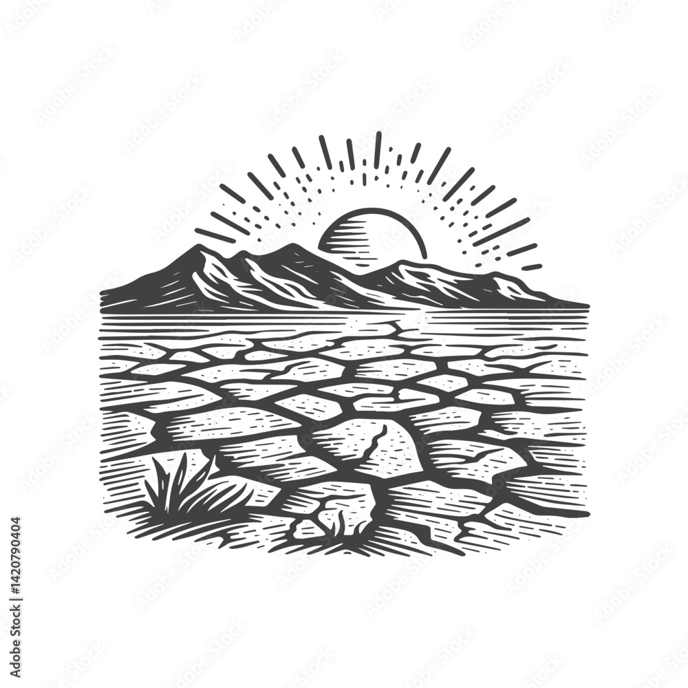 Naklejka premium Simple Desert Landscape with Dry Cracked Ground Vector Icon Design – Vintage Retro Logo & Illustration