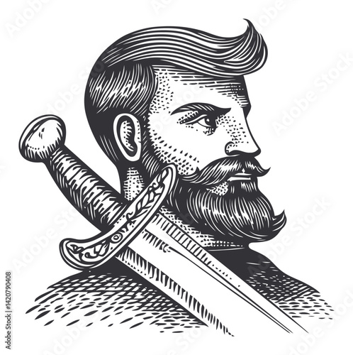 Vintage Hand-Drawn Engraving of a Bearded Man with a Sword