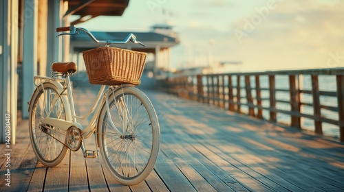 A vintage bicycle with a basket rests on a wooden pier