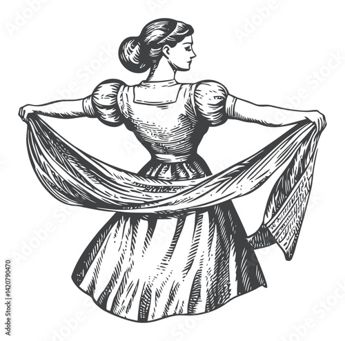 Hand-Drawn Engraving of Lady Draping a Sash in Vintage Style