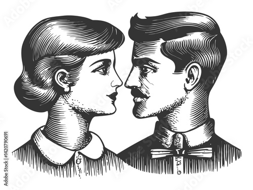 Vintage Hand-Drawn Illustration of a Couple Engraving Portrait