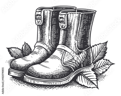 Hand-Drawn Engraving of Classic Boots Surrounded by Leaves