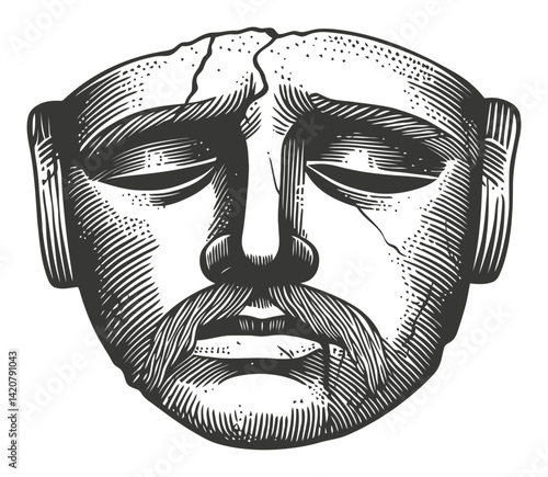 Detailed Hand-Drawn Engraving of an Ancient Sculpted Face