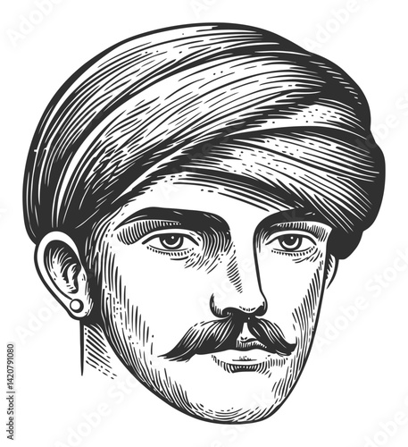 Vintage Hand Drawn Engraving of a Man with Mustache and Turban