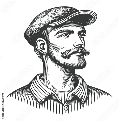 Detailed Hand-Drawn Engraving of a Mustached Man in Cap