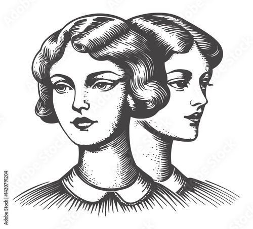 Vintage Engraving of Two Female Portraits in Hand-Drawn Style