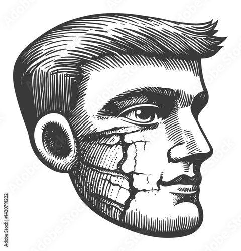Vintage Hand-Drawn Engraving of a Male Portrait with Cracked Face