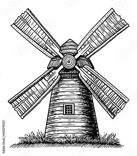Detailed Hand-Drawn Engraving of a Classic Windmill Structure