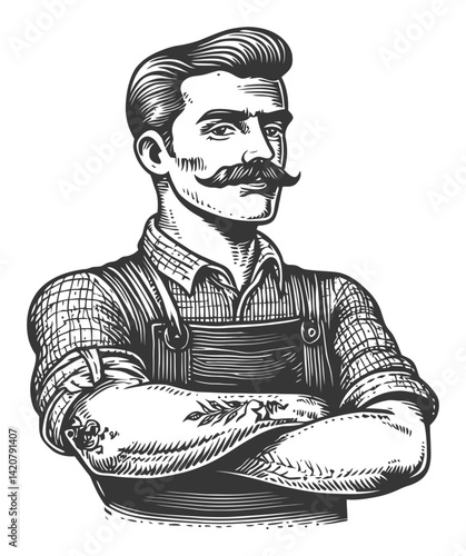 Vintage Hand-Drawn Engraving of a Confident Man with Mustache