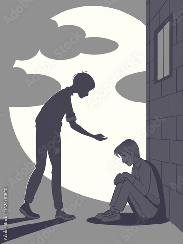 Silhouette Illustration: Boy Offering Help to Sad Youth Sitting Under Moonlight in Alleyway - Empathy, Support, Mental Health Art