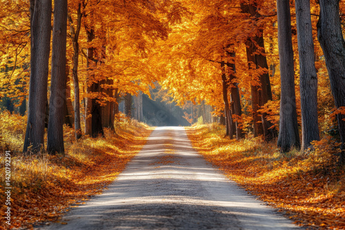 Fototapeta Naklejka Na Ścianę i Meble -  Road lined with colorful fall trees, sunlight filtering through leaves, creating a vibrant and picturesque autumn scene.