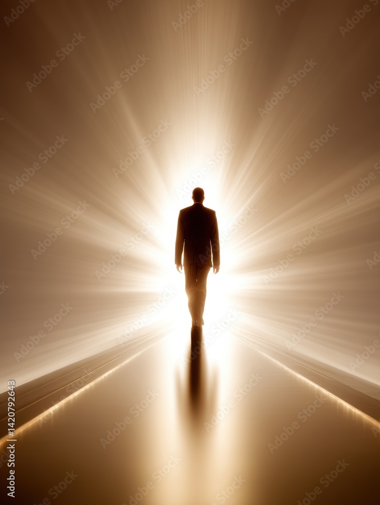 A silhouette of a man walking towards a bright light, symbolizing hope, transformation, or a journey into the unknown. A silhouette of a man walking towards a bright light, symbolizing hope, transformation, or a journey into the unknown.