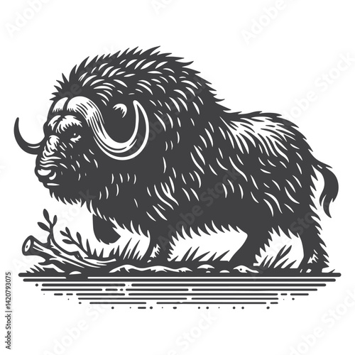 Simple Musk Ox Standing Vector Icon Design – Vintage Retro Logo & Illustration