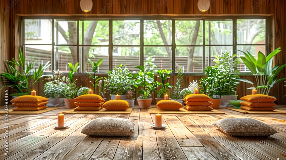 yoga practice room, with natural elements like plants, candles, pillows, minimalist interior decoration yoga practice room, with natural elements like plants, candles, pillows, minimalist interior decoration
