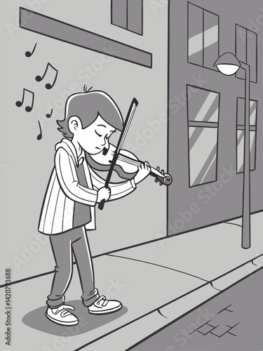Boy Playing Violin on City Street: Black and White Cartoon Illustration of Musician Performing Outdoors with Music Notes