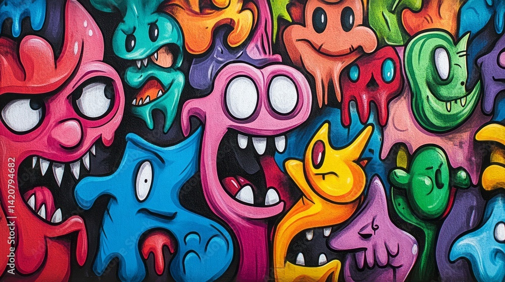 Fototapeta premium Colorful cartoon monster group with varying facial expressions abound