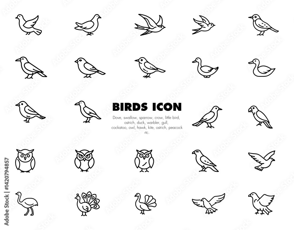 Obraz premium Bird icon set, simple line drawing.