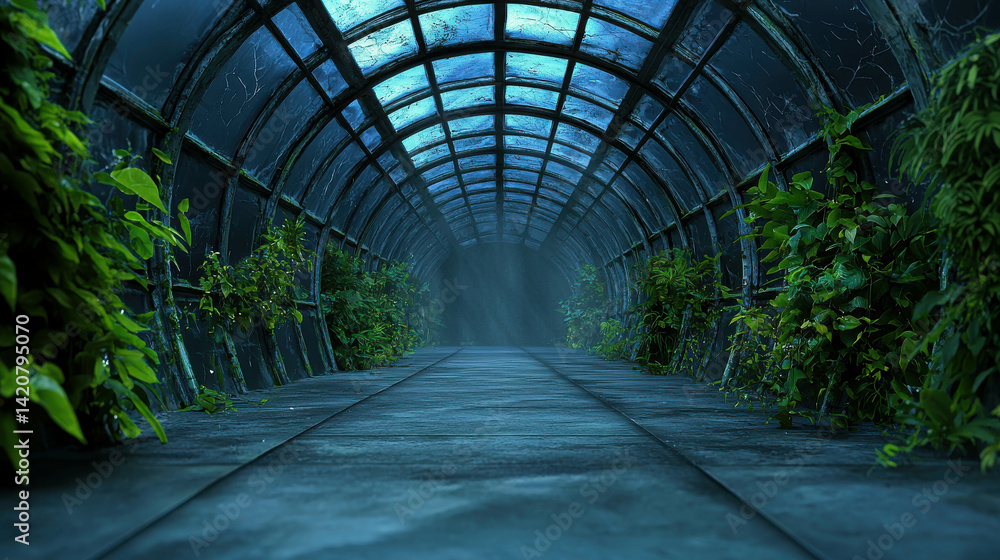 Abandoned Tunnel Surrounded by Lush Greenery and Dim Mystic Fog in a Futuristic Setting Abandoned Tunnel Surrounded by Lush Greenery and Dim Mystic Fog in a Futuristic Setting