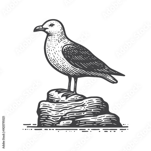 Simple Seagull Standing on Rock Vector Icon Design – Vintage Retro Logo & Illustration