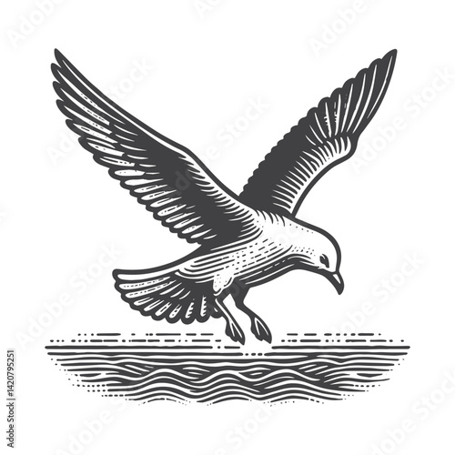 Simple Seagull Landing Vector Icon Design – Vintage Retro Logo & Illustration