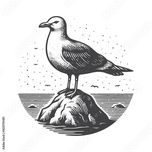 Simple Seagull Standing on Rock Vector Icon Design – Vintage Retro Logo & Illustration