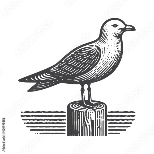 Simple Seagull Perched Vector Icon Design – Vintage Retro Logo & Illustration