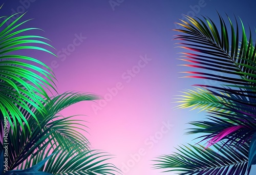 Holographic neon gradient palm leaves tropical background, stock, summertime