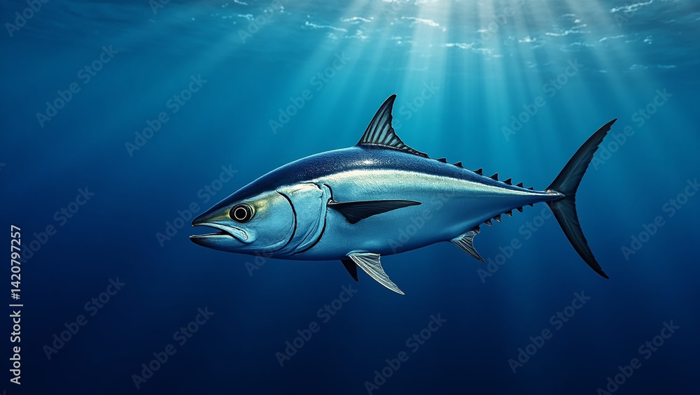 Naklejka premium Ocean Tuna Swimming Through Deep Blue
