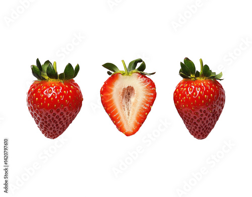 Fresh strawberries arranged in a row, featuring one cut in half to reveal its juicy interior