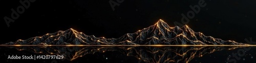 Opulent gold lines depict minimalist mountains on a black backdrop Luxury design , simple, art