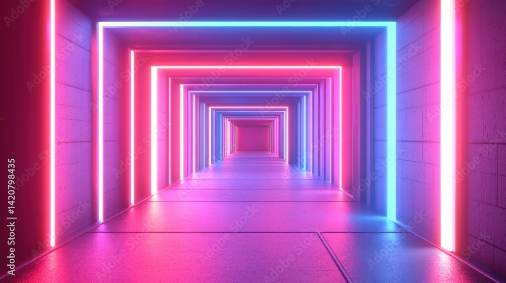 Neon illuminated tunnel perspective, with glowing vibrant colorful geometric shapes Neon illuminated tunnel perspective, with glowing vibrant colorful geometric shapes