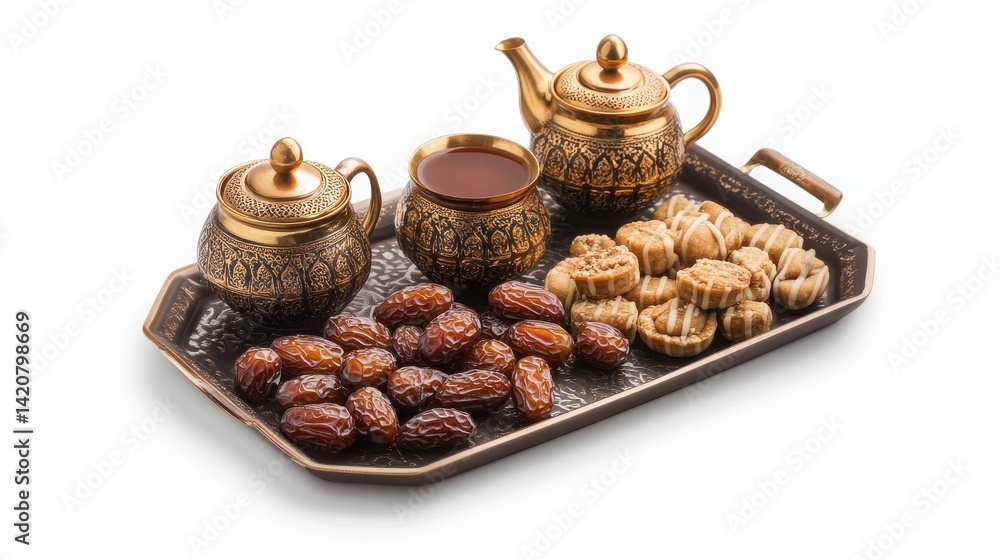 Eid serving platter with dates and tea, isolated on a white surface. Eid serving platter with dates and tea, isolated on a white surface.