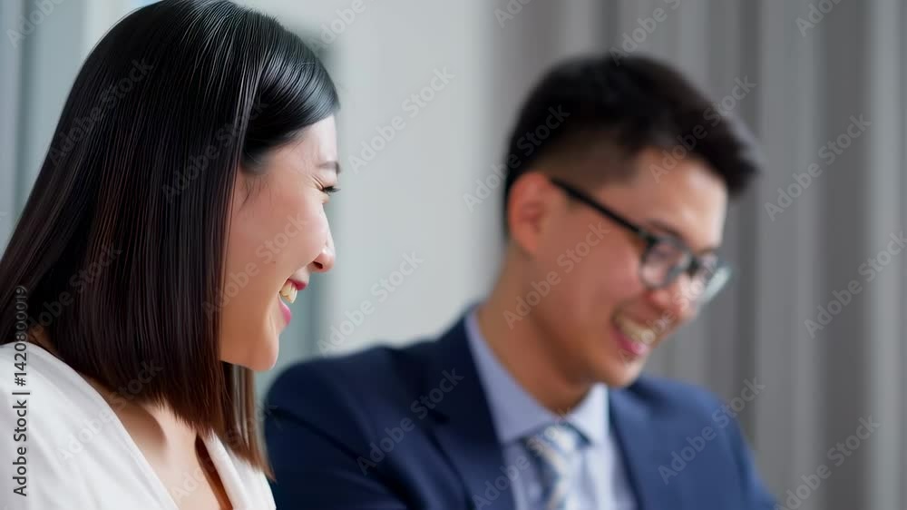 Two colleagues share a laugh. A businesswoman and businessman enjoy each other's company. They could be at the office or in a meeting. Two colleagues share a laugh. A businesswoman and businessman enjoy each other's company. They could be at the office or in a meeting.