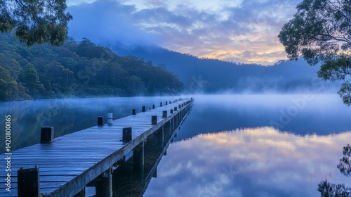 Wallpaper Mural Misty sunrise over calm lake with wooden pier. Torontodigital.ca