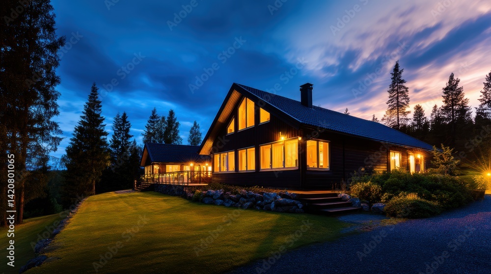 Cozy wooden cabin illuminated at dusk, surrounded by trees and a serene landscape Cozy wooden cabin illuminated at dusk, surrounded by trees and a serene landscape