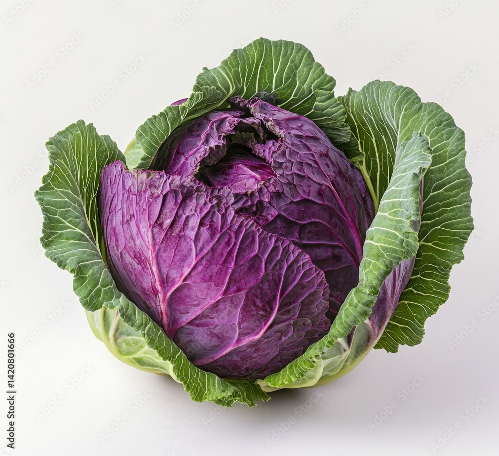 Obraz premium Vibrant purple cabbage head with fresh green leaves