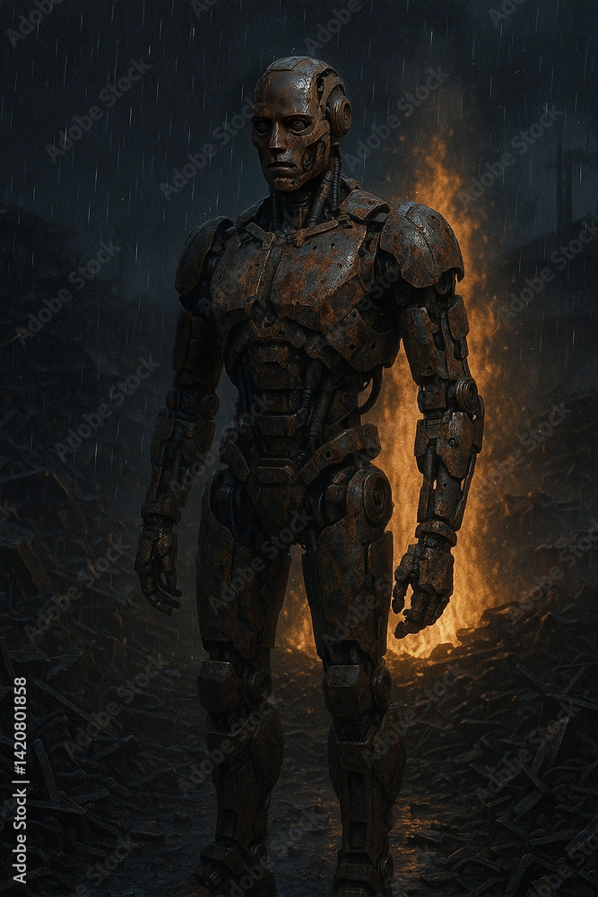 Fototapeta premium A rusting human robot in the rain, standing among a pile of metal debris