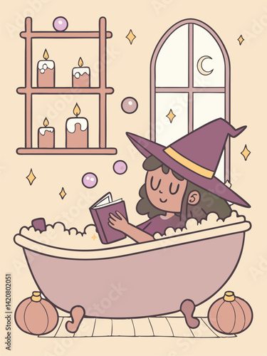 Cute Witch Bathing Illustration: Cozy Halloween Art Print of a Witch Reading in a Bubble Bath with Pumpkins and Candles
