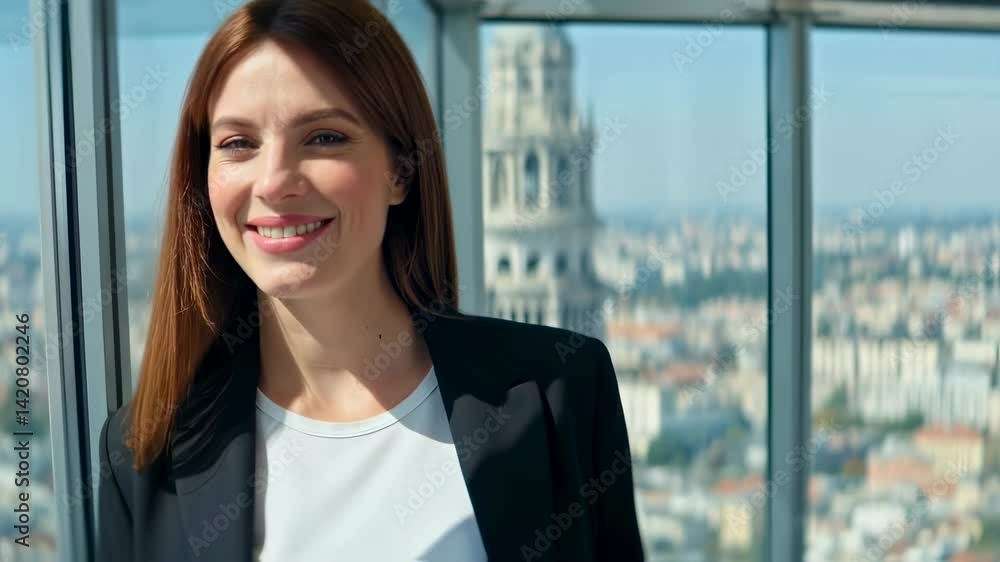 Smiling woman in business attire basks in sunlight near a window overlooking a cityscape with a prominent historical building. Smiling woman in business attire basks in sunlight near a window overlooking a cityscape with a prominent historical building.